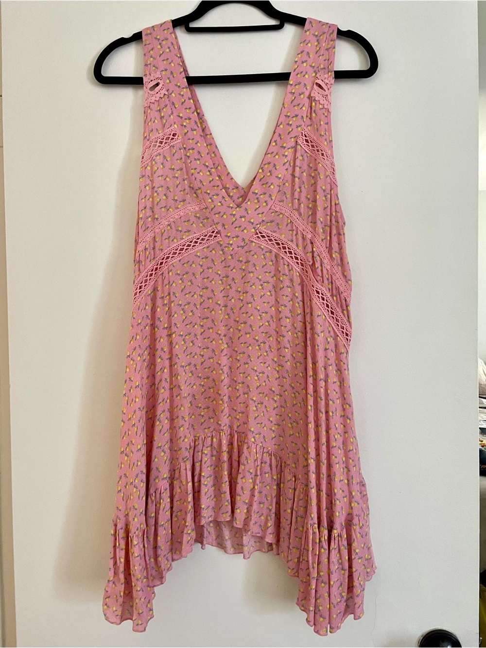Free People Pink Floral Crochet-Trim V-Neck Tunic